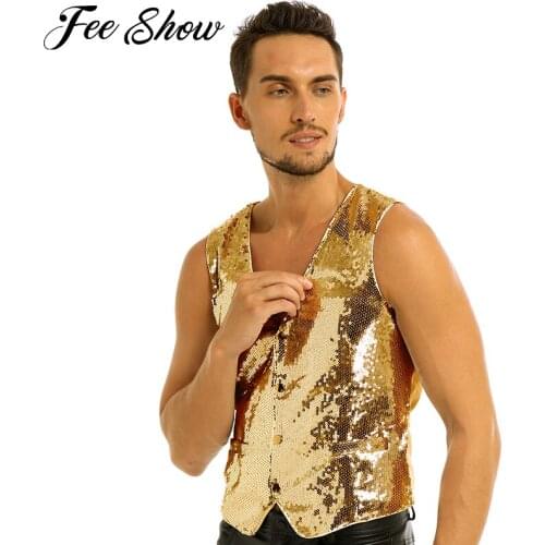 Mens Glittery Sequins Tank Tops Sexy Slim Fit V-Neck Vest Sleeveless Business Casual Waistcoat Sexy Parties Muscle Vest Costume
