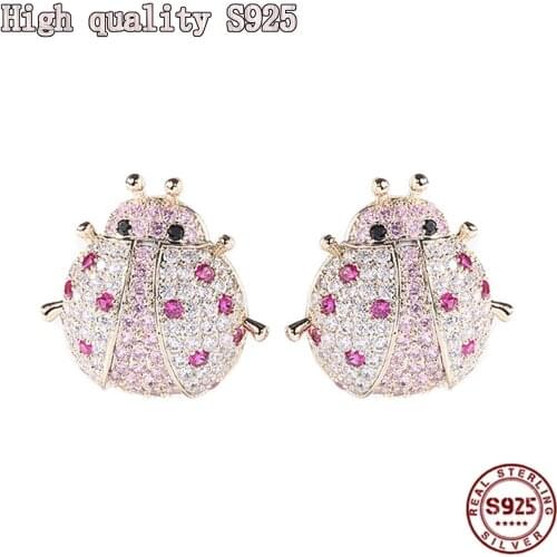 S925 Silver Needle Fashion Jewelry Personality Advanced Color Crystal Ladybug Earrings Lovely Beetle Insect Lady Earrings
