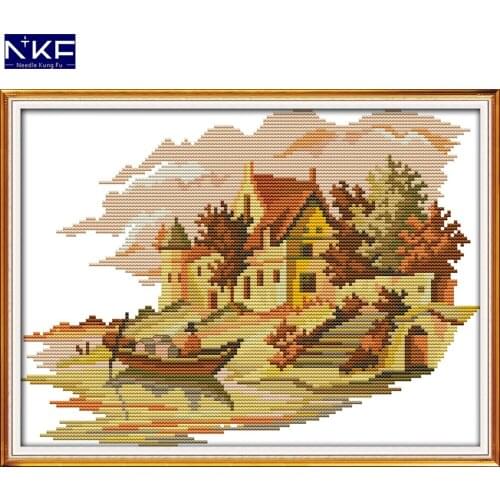 NKF The Lakeside Houses Stamped Cross Stitch Pattern DIY Kit Needlework Embroidery Sets Chinese Cross Stitch for Home Decor