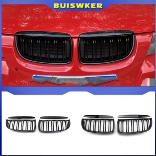 Front Kidney Grille Hood Grills -Double Line for BMW E90 323I 328I 335I 330I 325I 3-Series 2005-2008 (Gloss Black)