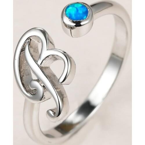 Simple Female Letter B Open Ring Charm Silver Color Thin Wedding Rings For Women Dainty Bride Blue Round Opal Engagement Ring