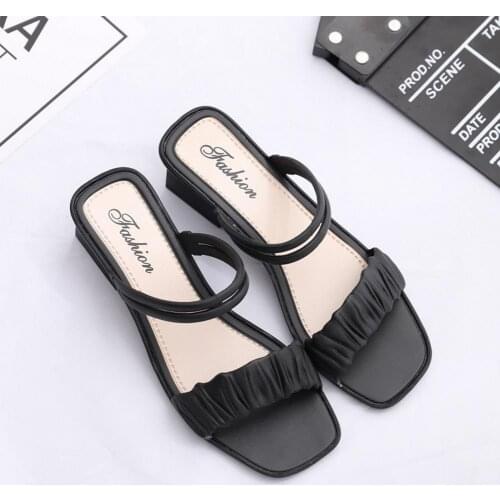 Women Sandals Thick Heel Candy Color Summer Pleated Upper Square Head Slippers for Beach