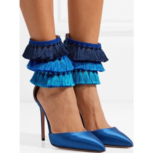 Sestito Lady Sexy Tassel Decorated Silk Summer Gladiator Sandals Woman Pointed Toe Shoes Lady Thin High Heels Mixed Color Shoes