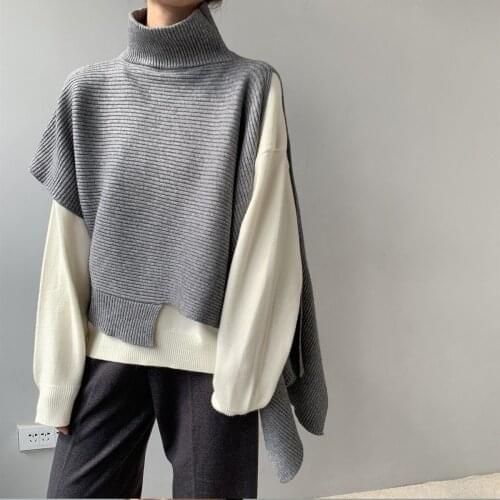 Retro turtleneck sweater irregular cloak shawl autumn and winter 2021 new loose large size waistcoat jacket COTTON