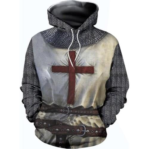 Adult Men Medieval Knights Templar Armor Hoodie Crusader Cross 3D Print Hooded Pullover Halloween Sweatshirt Costume Casual Coat