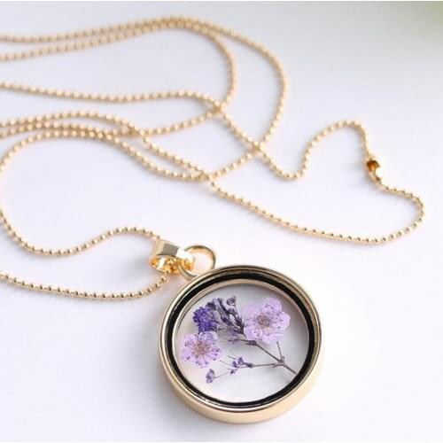 Vintage European and American purple Dried Flower Round Pendant Chain Necklace for Women Party Jewelry Gift