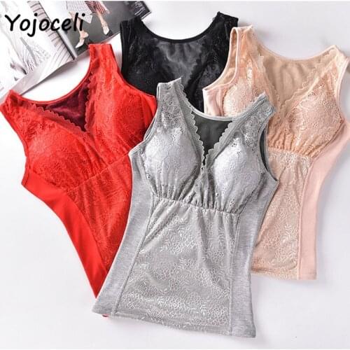 Yojoceli sexy lace velvet warm camisole tops women underwear basic camis shaping tops