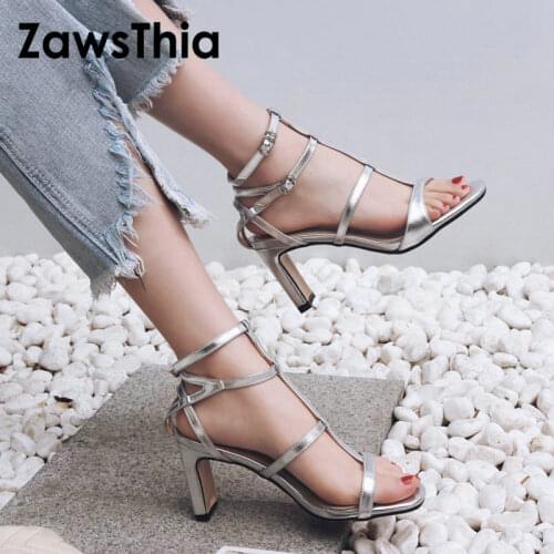 ZawsThia 2020 summer gold silver fashion open toe buckle strap woman high heels gladiator sandals for women zapatos de hombre