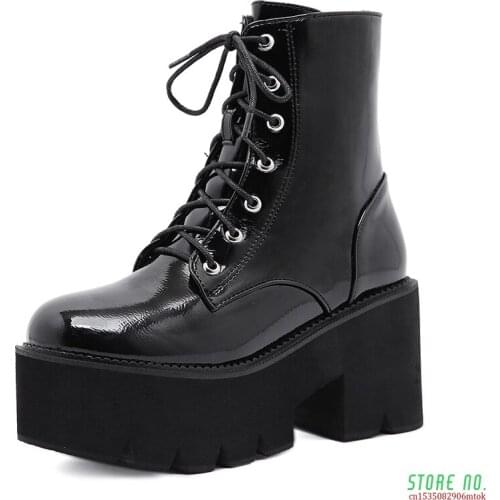 Punk Goth Ankle Boots Women Black Chunky Wedge Platform Shoes Woman Lace Autumn Patent Leather Footwear Lady Botas Mujer