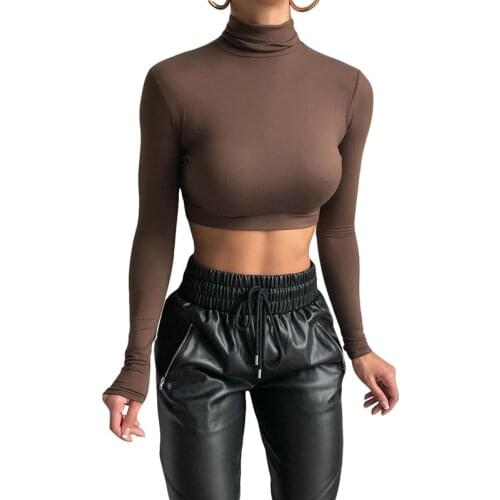 Women Solid Color Crop Tops, High Neck Long Sleeve Slim Fit Shirts Pullover Fashion Basic Tops