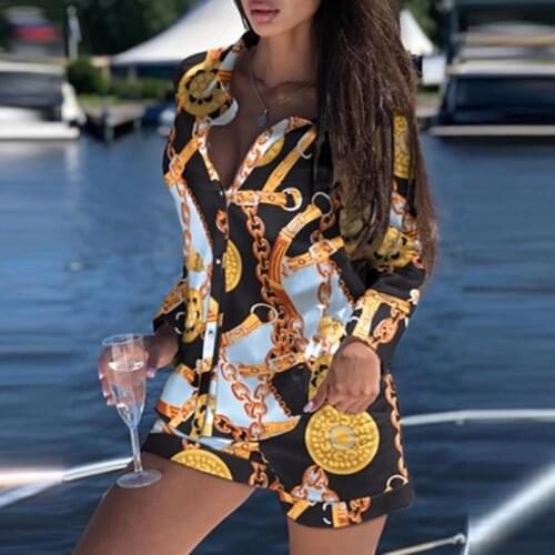 Women Two Piece Set Long Sleeve Print Button OL Shirt and Pocket Shorts Suit Casual Outfits 2021 Spring Autumn