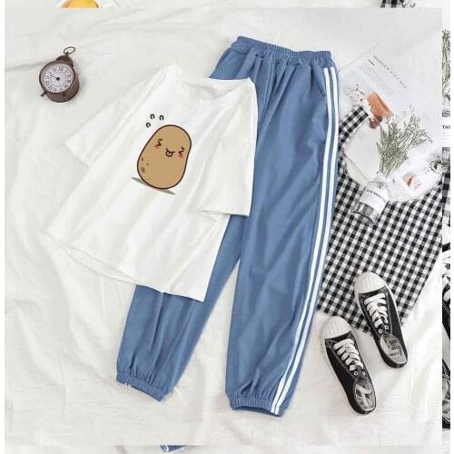 Two Piece Set Women Summer Plus Size Trouser Suits Sleepwear Set Short Sleeve Happy Potato Print Pajama Pants Aesthetic Suit