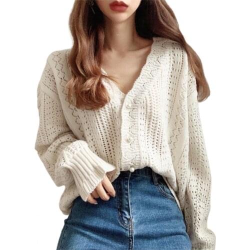 Cardigan Sweater Hollow Out V Neck Autumn Winter Knitted Solid Color Long Sleeve Coat Top Streetwear