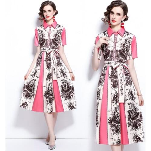 2021 New Turn-Down Collar Belted Sashes Single Bleasted Print Vintage Elegant Dress Summer Runway Short Sleeve Shirt Dress Women