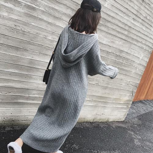 Ribbed Knitted Hoodies Midi Dresses Women Autumn Winter 2021 New Pullovers Long Sleeve A Line Korean Turtleneck Sweater Dress