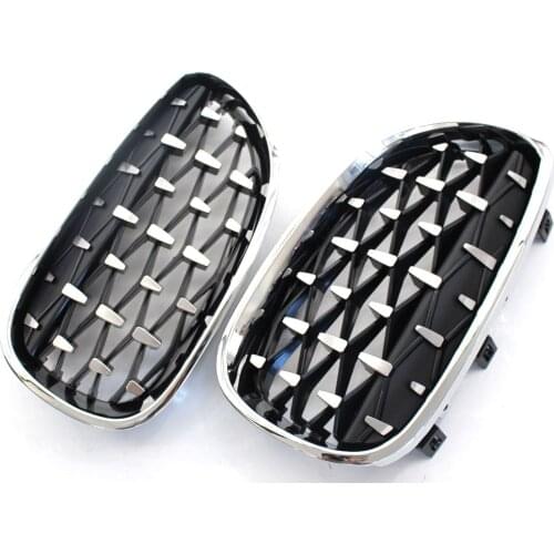 1 Pair Front Kidney Black & Chrome Grille Diamond Meteor Fits BMW 5 Series E60 2004-2009