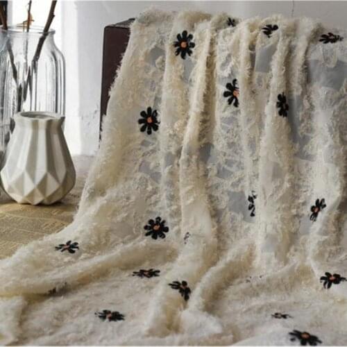 1 Yard Soft Chiffon Beige embroidery daisy Fabric Fluffy tassel Breathable fabric for Summer Blouse spring dress Maxi Dress