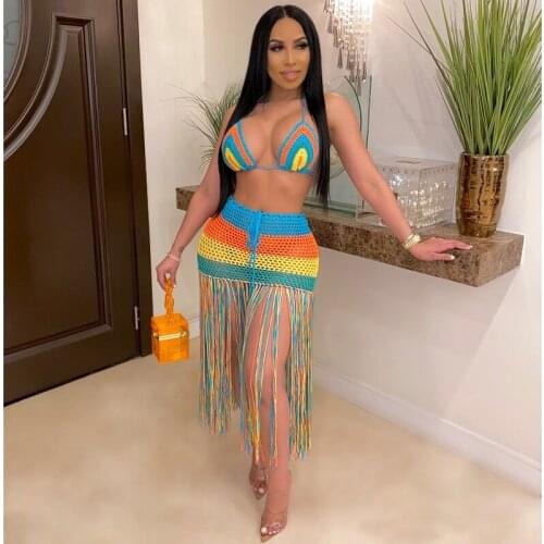2021 New summer Crochet rainbow 2PCS/SET Skirt Set sexy women Bra Top+long fringe skirt Bikini swimwear cover-ups beachwear