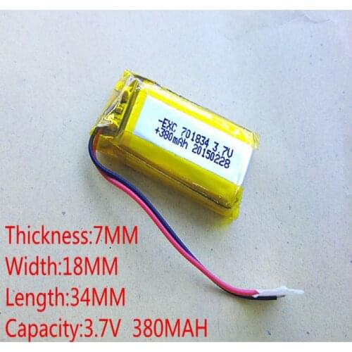 3.7V,380mAH 701834 PLIB (polymer lithium ion / Li-ion battery ) for Smart watch,GPS,mp3,mp4,cell phone,speaker