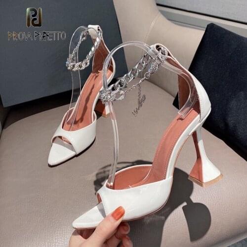 Leather white fish mouth pointed toe shiny sexy rhinestone thick heel sandals for women black ankle crystal chain high heels