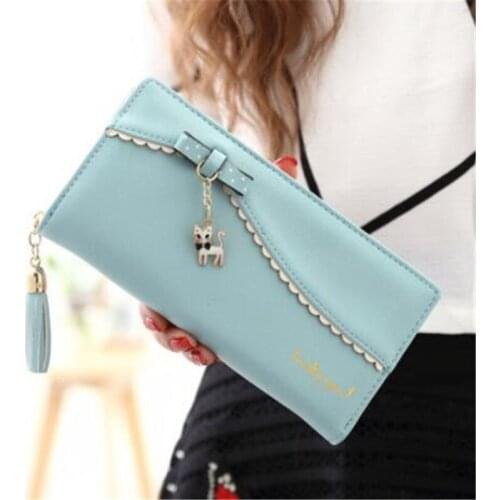 Pu Leather Long Wallet Women Card Holder Purse Sweet Bow Cute Cat Pendant Tassel Ladies Clutch Phone Money Coin Bag Portemonnee