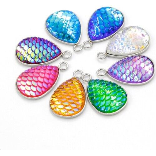Fnixtar Stainless Steel Water Drop Shape AB Color Charms Resin Mermaid Fish/ Dragon Scale Charms DIY Jewelry 13*18mm 50pcs/lot