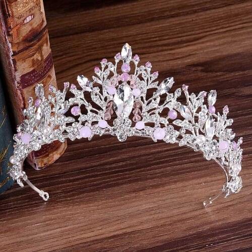 FORSEVEN Pink Crystal Leaf Noiva Diadem Headdress Hair Jewelry Rhinestone Princess Bride Tiaras Crown Wedding Hair Accessories