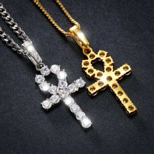 Hip Hop Iced Zircon Ankh Cross Pendant Gold Color Copper Material CZ Egyptian Key of Life Pendant Necklace Men Women Jewelry