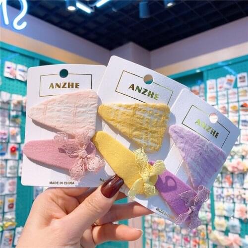2 Pcs New Fashion Childrens Lattice Fabric Triangle BB Clip Korea Sweet Girl Lace Bow Water Drop Hairpin Kids Hair Accessories