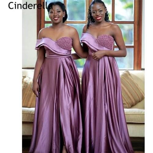 Lavender Bridesmaid Dresses Sweetheart Floor Length Sweep Train Silk Satin Side Slit Pearl Wedding Party Bridesmaid Dresses