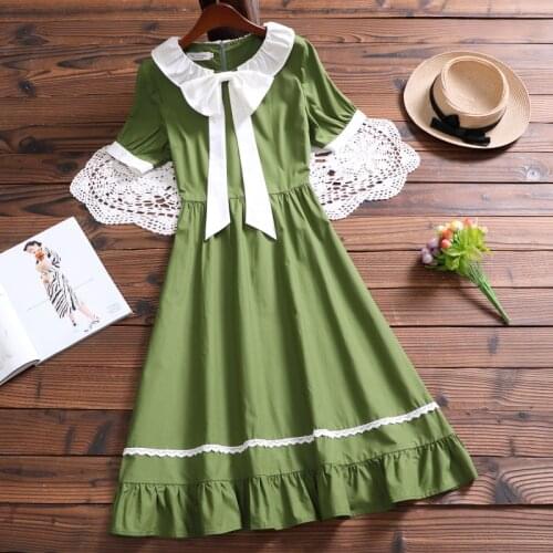 JK cute kawaii sweet dress summer fashion new arrival short sleeve bow women green dress mori girl vestidos