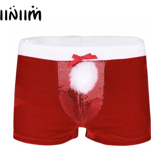 Mens Red Lingerie Velvet Christmas Holiday Boxer Shorts Low Rise Shiny Sequins Bulge Pouch with a Plush Ball Underwear Underpant