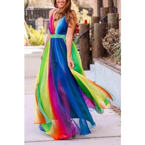 2021 Novelty Chic Design Mesh Dress Rainbow Color Spaghetti Strap Summer Beach Maxi Dress Vestidos