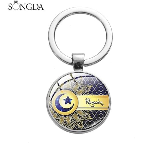 Newest Allah Ramadan Keychain Gift Middle East Arabic Muslim Islamic Eid Mubarak Pattern Glass Gem Religious Car Key Ring