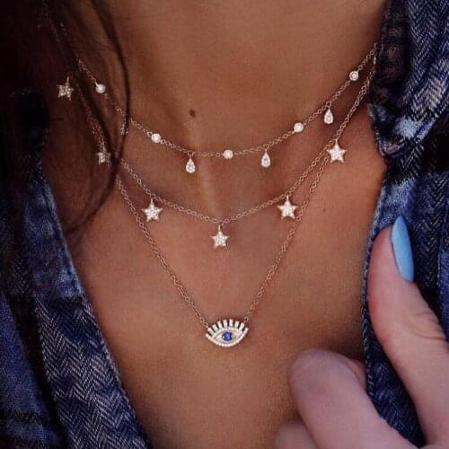 Bohemia Trendy Multi-layer Chains Necklaces For Women Detailed Water-Drop Stars Crystal Blue Eye Charming Necklace Jewelry Gifts