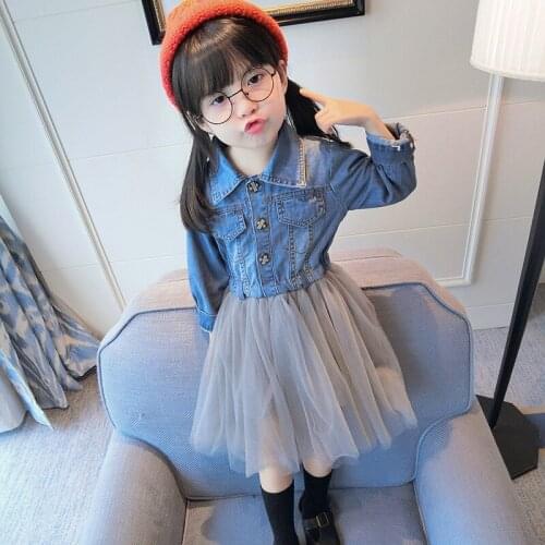 Girl Dress School Costume for Girls Children Denim Mesh Patchwork Ball Gown Spring Autumn Baby Girl Long Sleeve Princess Dress