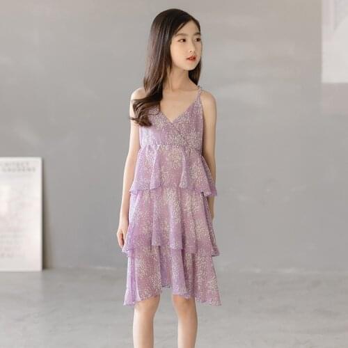 Teenage Girls Sleeveless Party Dresses Print Chiffon Dresses 2021 Summer Holiday Kids Girls Clothes
