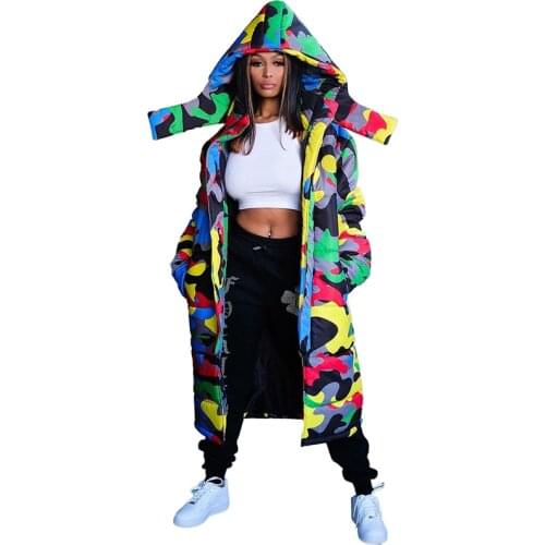 Winter Puffer Jacket Women Streetwear Camuflagem Warm Parka Down Bubble Coat Long Hooded Long Sleeves Outwear Bubble Parka