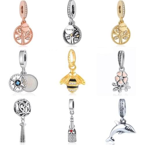 S925 Pendant Bead DIY Jewelry Family Heritage Tree Compass Bee Poetic Dolphin Dangle Charm fit Lady Bracelets