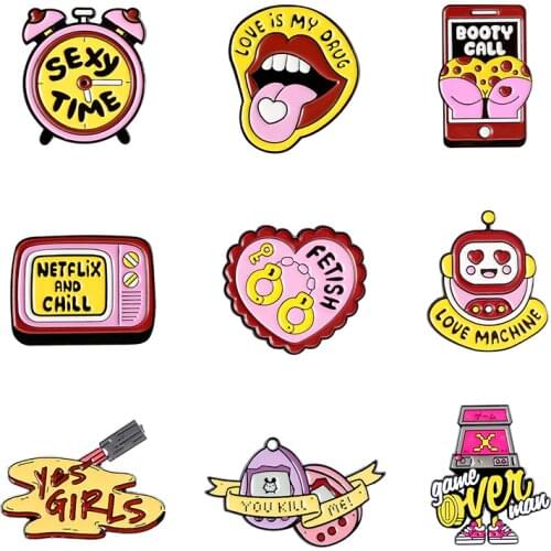 Sexy Pins Lips Lipstick Television robot Game machine Enamel Pins Brooches Badges Fashion Cute Pins Gifts
