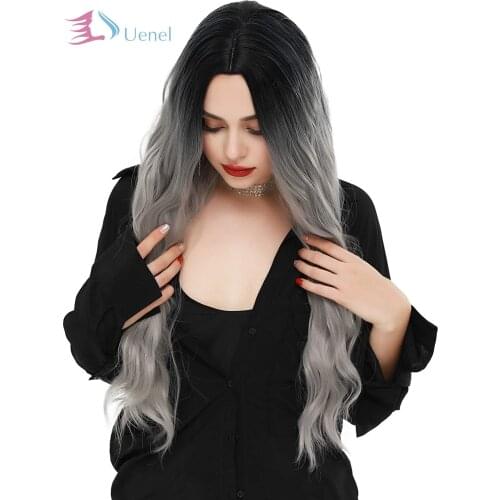 Uenel Silver Grey Ombre Wig Long Curly Hair with Root Color Ombre 28 Inch Natural Looking Cosplay Outfit