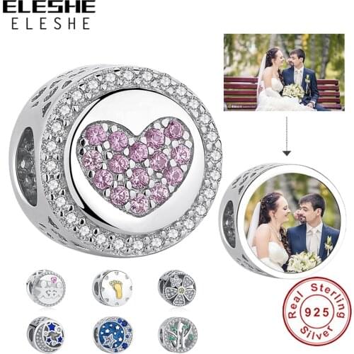 ELESHE Customize Photo Round Charm 925 Sterling Silver Family Tree Flower Moon Star Heart Bead Fit Original Bracelet DIY Jewelry