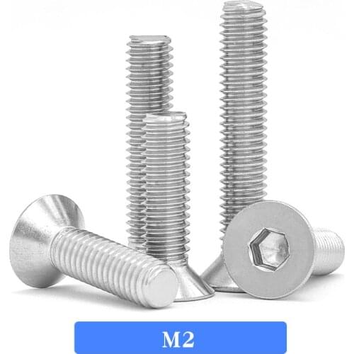 M2 Flat Allen Key Head Machine Screws Din7991 Inner Hex Screw 304 Stainless Steel Fasteners Bolts 50Pcs