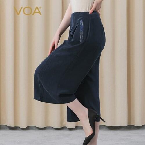 VOA Silk 30m/m Heavy Navy Blue Crisp Pendant Decorative Pocket Bump Jacquard Stitching Seven Point Wide Leg Pants KE292