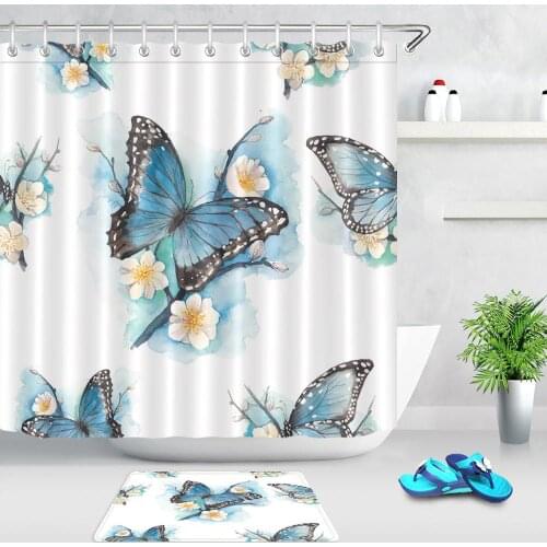 Butterfly Print Waterproof Shower Curtain Polyester Washable White Flower Fabric Bath Curtain Home Bathroom Curtains with Hooks