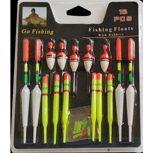 WALK FISH 15PCS/Lot Vertical Buoy Sea Fishing Floats Assorted Size for Most Type of Angling with Attachment Rubbers Fishing