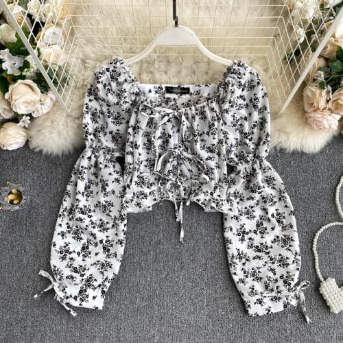 Vintage Floral Chiffon Blouse Women V Neck Lace Up Puff Sleeve Shirt 2021 Spring Summer Elastic Waist Crop Tops Female