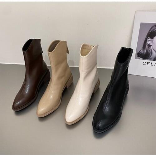 Womens Ankle Boots For Lady Fashion Soft PU Leather Zipper Short Boot Thick Heels Round Toe British Autumn Female Shoes 2021