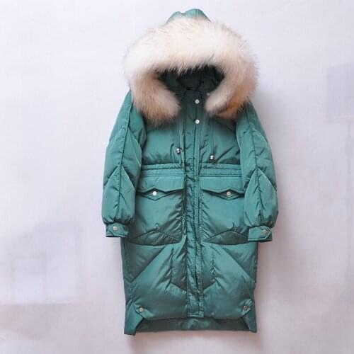 Winter 2019 Korean version down jacket knee waist slim female coat long style big collar real collar white duck lady clothes