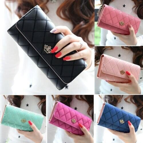 Women Lady Clutch Leather Bags Diamond Crown Trifold Wallet Long Card Holder Phone Bag Case Purse Handbag